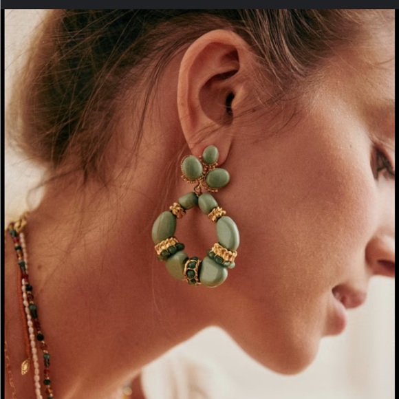 Sezane Jewelry - Sezane Green and Gold Beaded Hoop Drop Earrings